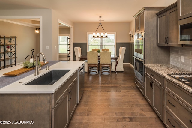 kitchen featuring dark wood-style floors, a sink, dark brown cabinetry, tasteful backsplash, and appliances with stainless steel finishes
