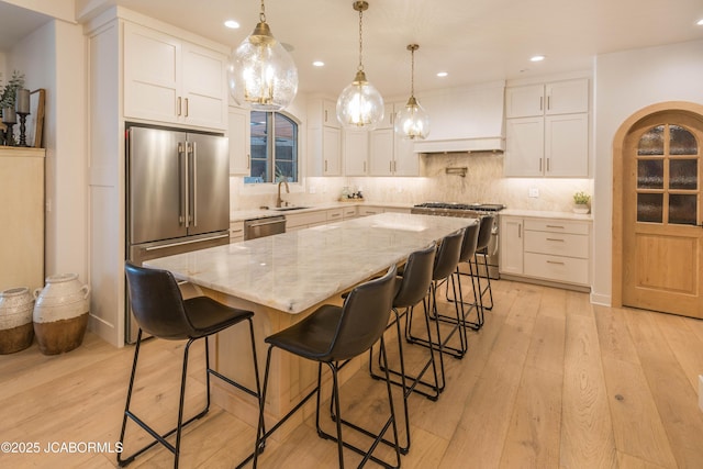 kitchen with stainless steel appliances, a sink, light wood-type flooring, custom exhaust hood, and decorative backsplash