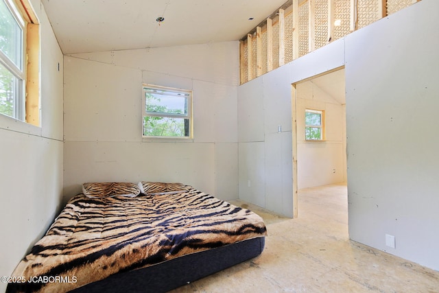 bedroom with multiple windows and high vaulted ceiling