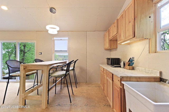 26792 Boone Rd, Barnett, MO 65011 - kitchen featuring healthy amount of natural light, a sink, decorative light fixtures, and light countertops
