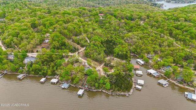 aerial view featuring a water view and a view of trees