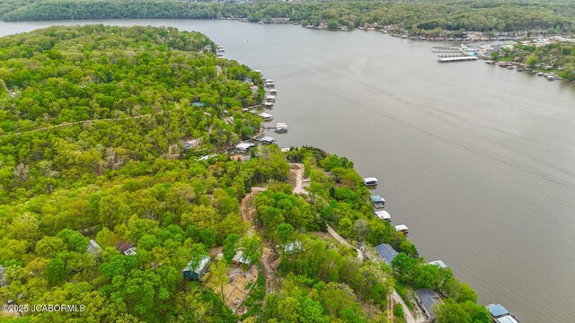birds eye view of property featuring a wooded view and a water view