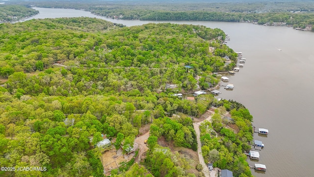 drone / aerial view featuring a water view and a view of trees