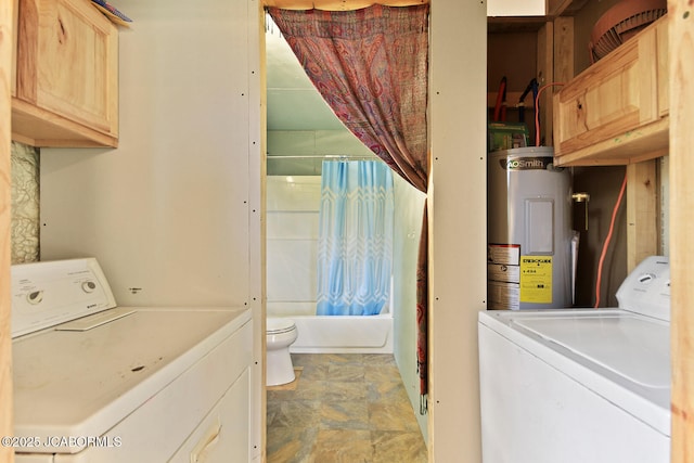 26792 Boone Rd, Barnett, MO 65011 - washroom with electric water heater, washer and dryer, and stone finish flooring