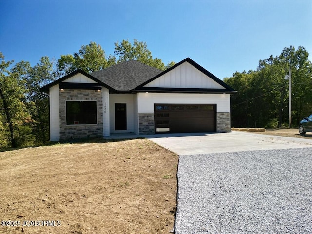 1680 W Fenton Rd, Columbia, MO 65202 - modern farmhouse style home with a shingled roof, driveway, stone siding, board and batten siding, and an attached garage