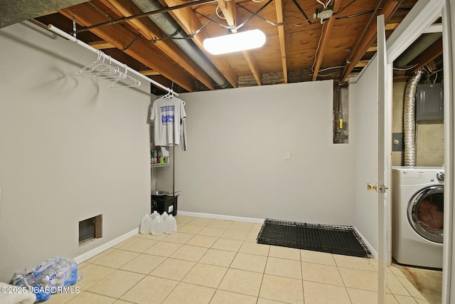 laundry area with baseboards, laundry area, electric panel, washer / clothes dryer, and tile patterned flooring