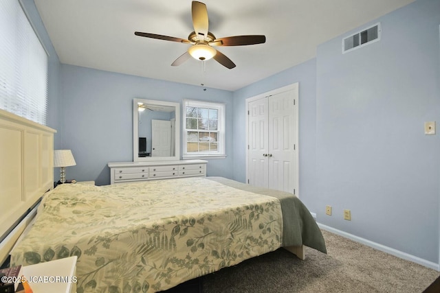 carpeted bedroom with a ceiling fan, baseboards, visible vents, and a closet