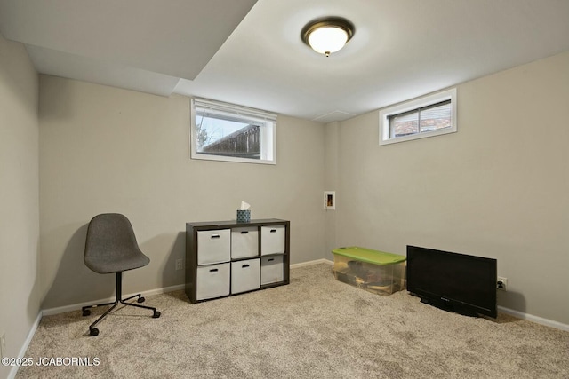 rec room with plenty of natural light, carpet, and baseboards