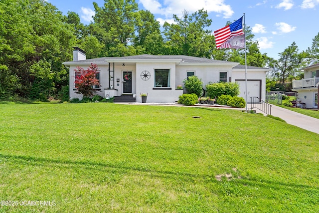 1417 Hough Park Rd, Jefferson City, MO 65101 - ranch-style house featuring a chimney, a garage, a front yard, driveway, and stucco siding