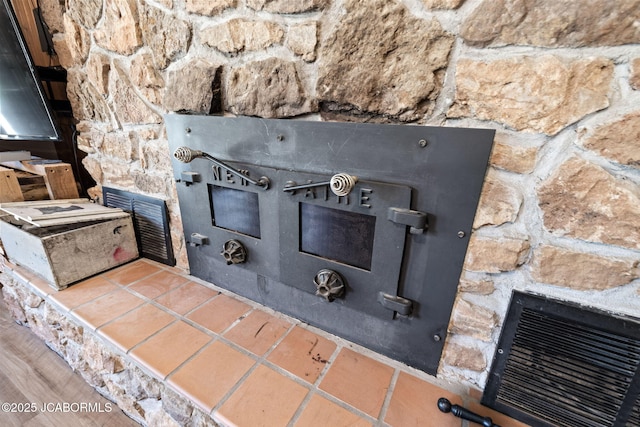 room details featuring a wood stove