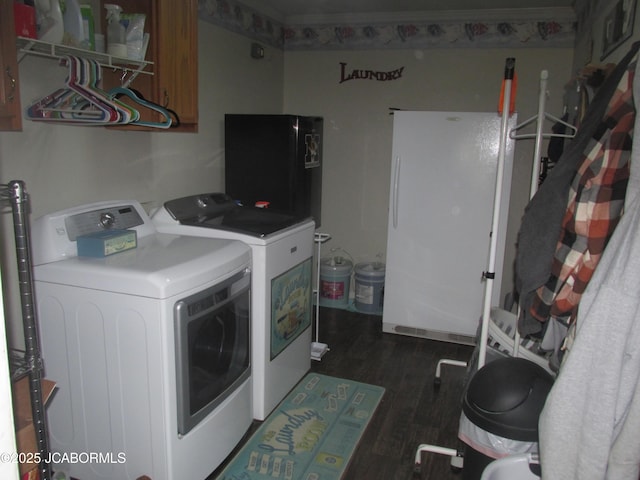 washroom featuring washer and dryer, dark wood-style flooring, and cabinet space