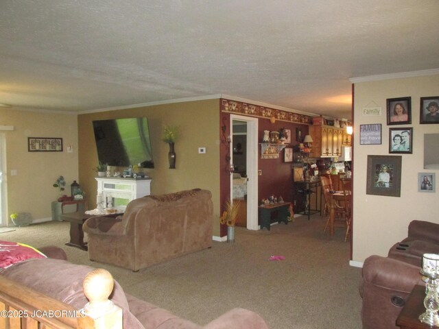 carpeted living area with ornamental molding, baseboards, and a textured ceiling