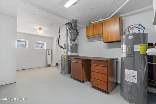 basement with heating unit and electric water heater