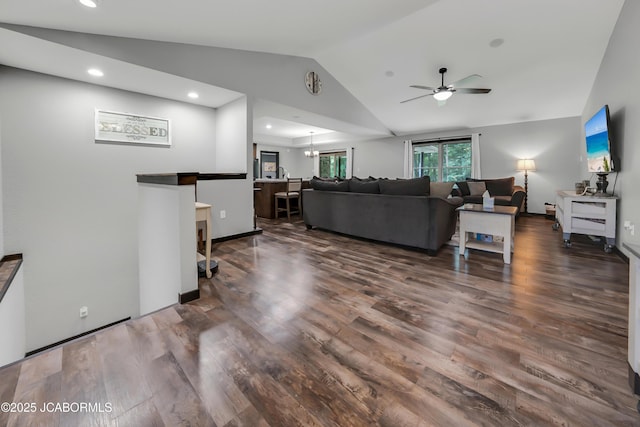 11169 Ridge Fork Dr, Holts Summit, MO 65043 - living area featuring vaulted ceiling, dark wood finished floors, a ceiling fan, and recessed lighting