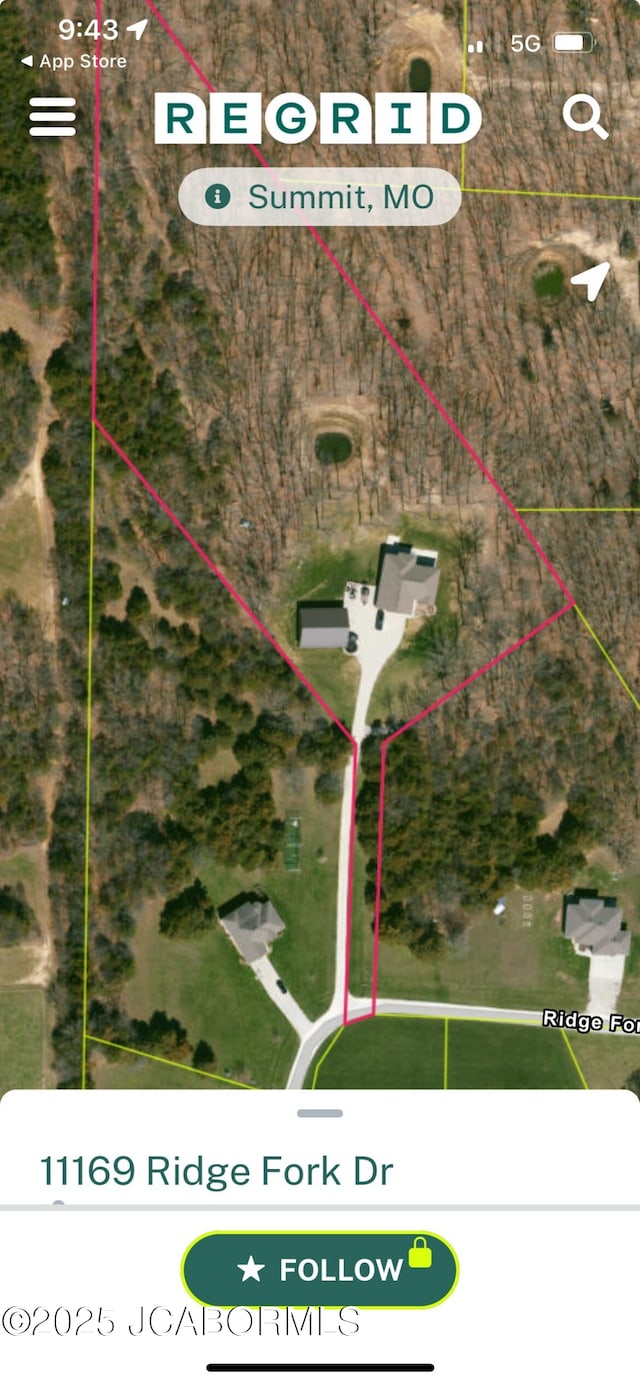 11169 Ridge Fork Dr, Holts Summit, MO 65043 - aerial map of property and surrounding area with property parcel outlined