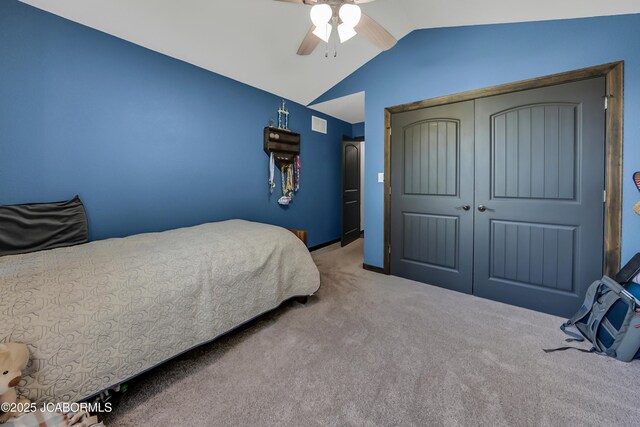 11169 Ridge Fork Dr, Holts Summit, MO 65043 - bedroom with carpet, vaulted ceiling, a closet, and ceiling fan