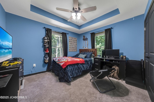 11169 Ridge Fork Dr, Holts Summit, MO 65043 - bedroom featuring carpet flooring, a raised ceiling, multiple windows, and ceiling fan