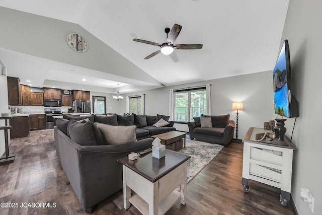 11169 Ridge Fork Dr, Holts Summit, MO 65043 - living room featuring vaulted ceiling, a ceiling fan, dark wood finished floors, and recessed lighting