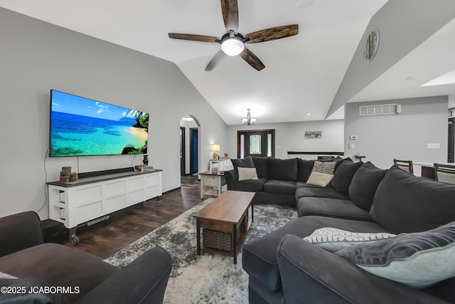 11169 Ridge Fork Dr, Holts Summit, MO 65043 - living area featuring wood finished floors, a ceiling fan, and lofted ceiling