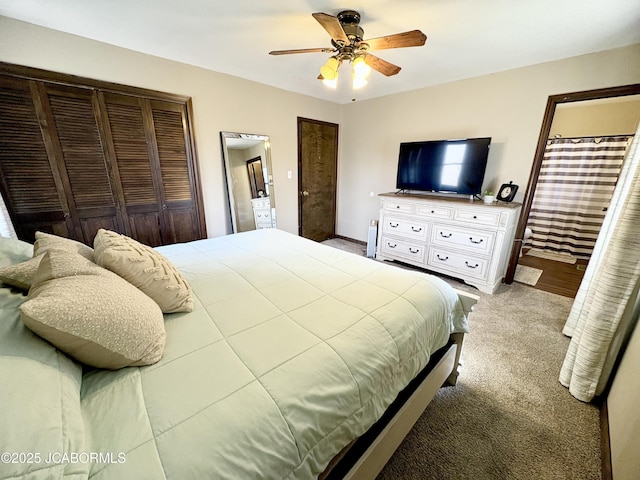 bedroom featuring ceiling fan and carpet flooring