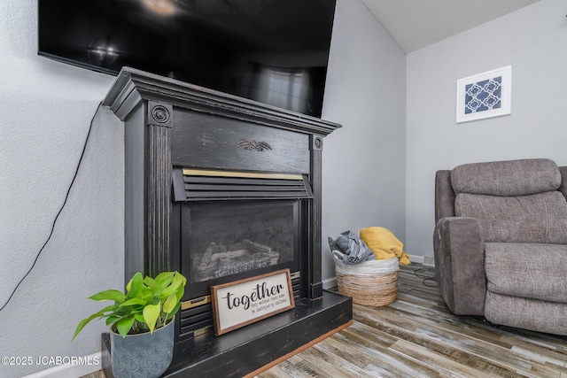 details with baseboards, a fireplace with raised hearth, and wood finished floors