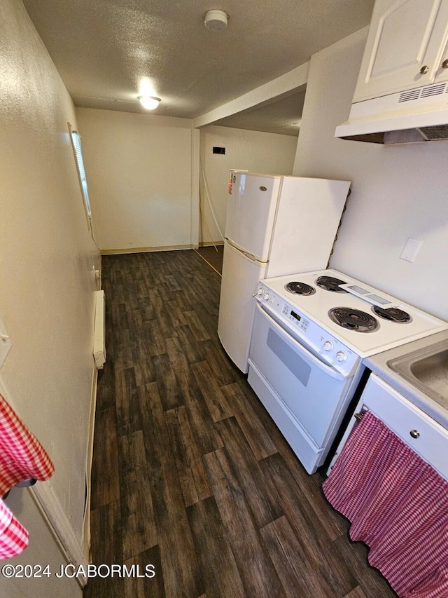 kitchen featuring exhaust hood, white electric range, dark hardwood / wood-style floors, a textured ceiling, and white cabinetry