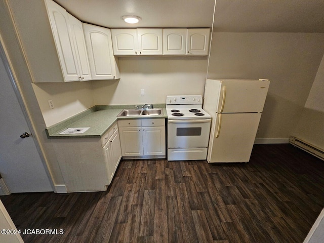 kitchen featuring white cabinets, dark hardwood / wood-style flooring, white appliances, and sink