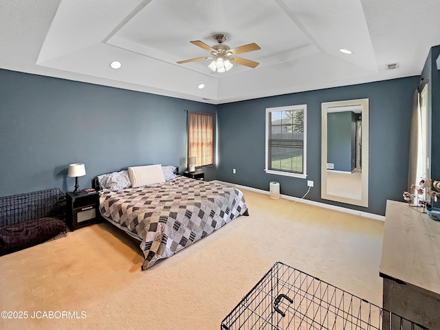 604 Mustang Dr, Ashland, MO 65010 - bedroom with a tray ceiling, carpet floors, recessed lighting, and a ceiling fan