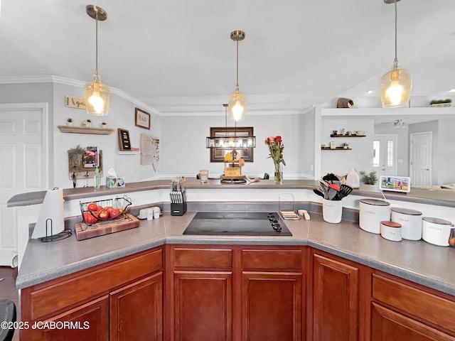 604 Mustang Dr, Ashland, MO 65010 - kitchen featuring black electric stovetop, crown molding, and pendant lighting