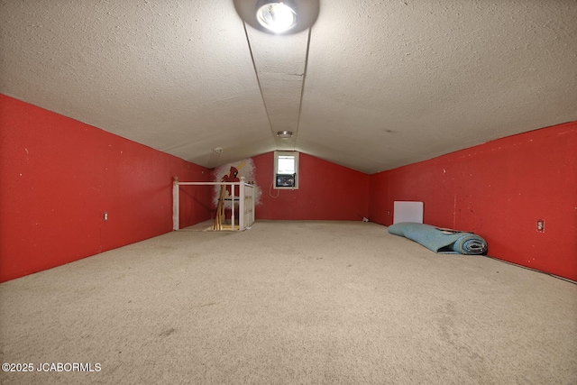 additional living space featuring carpet flooring, a textured ceiling, and lofted ceiling