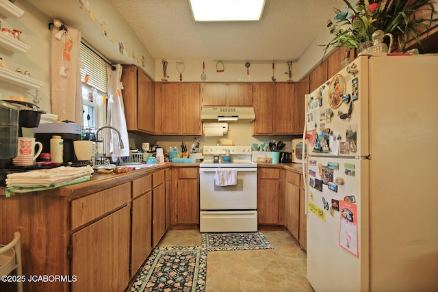 kitchen with a sink, brown cabinets, under cabinet range hood, and white appliances