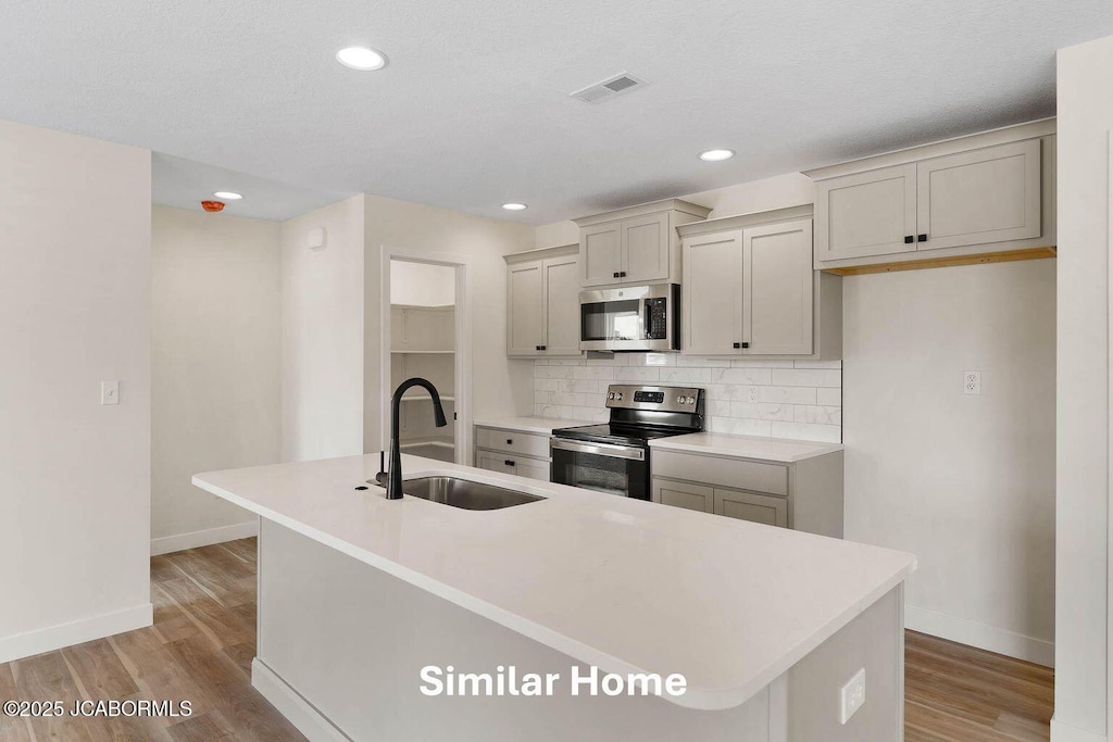 kitchen featuring a sink, visible vents, appliances with stainless steel finishes, backsplash, and a center island with sink