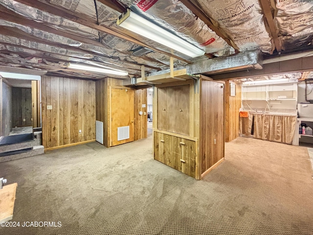 basement featuring carpet and wooden walls