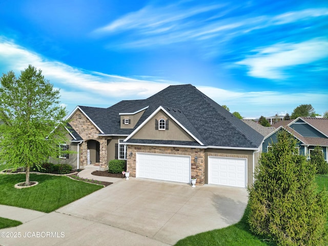 craftsman house with a front yard, stucco siding, stone siding, concrete driveway, and an attached garage