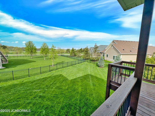 view of yard with a wooden deck and a fenced backyard