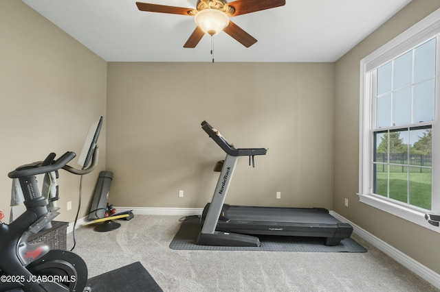 exercise room with baseboards, a ceiling fan, and carpet