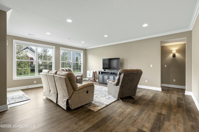 living area with recessed lighting, ornamental molding, dark wood-style floors, and baseboards
