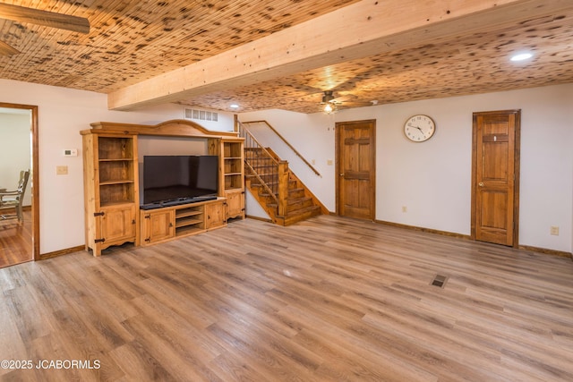 7515 Rte M, Jefferson City, MO 65101 - unfurnished living room with baseboards, ceiling fan, light wood-type flooring, stairs, and recessed lighting