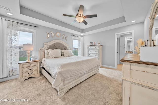 15250 General Dr, Ashland, MO 65010 - bedroom featuring recessed lighting, a raised ceiling, visible vents, baseboards, and light colored carpet