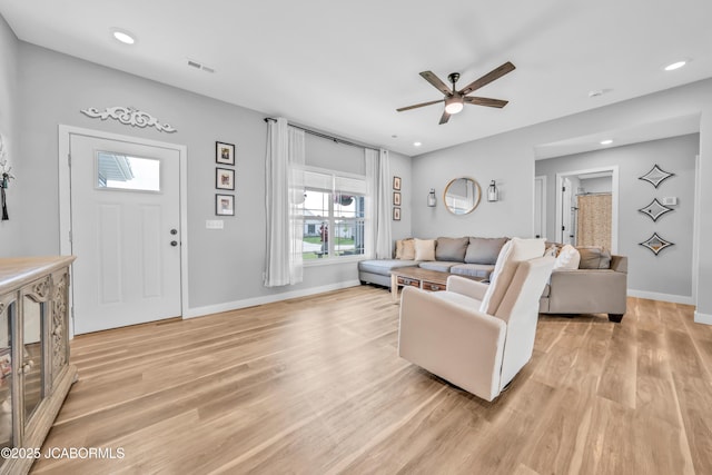 15250 General Dr, Ashland, MO 65010 - living room with light wood-style flooring, visible vents, baseboards, recessed lighting, and a ceiling fan