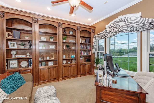 carpeted office space with ceiling fan and ornamental molding