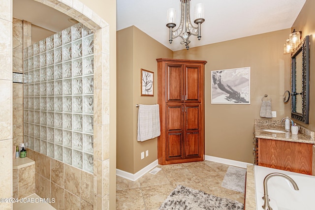 bathroom with a shower, vanity, and a notable chandelier