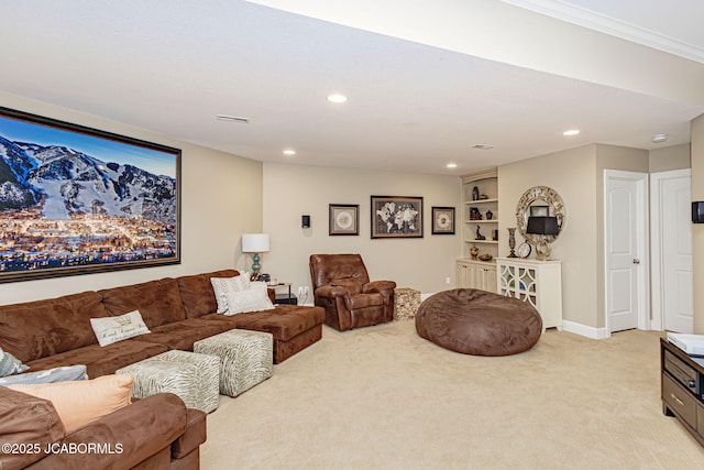 living area featuring light colored carpet, baseboards, visible vents, and recessed lighting