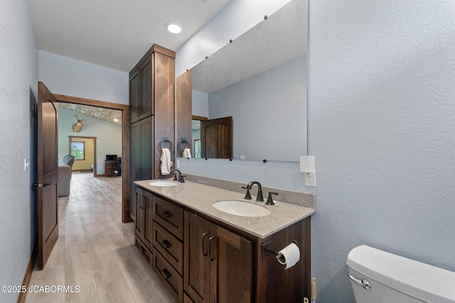 8596 County Rd 146, Williamsburg, MO 63388 - bathroom featuring double vanity, toilet, a sink, and wood finished floors