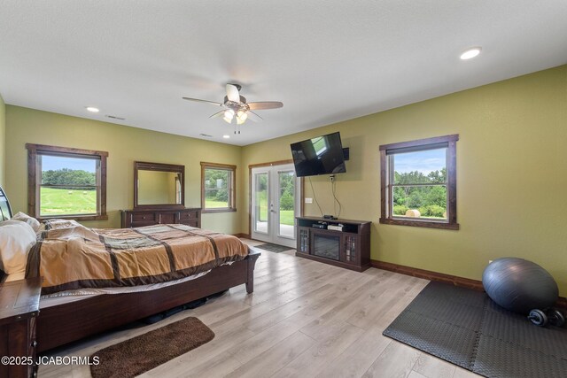 8596 County Rd 146, Williamsburg, MO 63388 - bedroom featuring baseboards, access to exterior, light wood-style flooring, and multiple windows