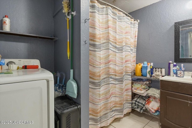 97 Stoddard Rd, Olean, MO 65064 - bathroom featuring washer / dryer, vanity, a textured wall, tile patterned flooring, and curtained shower