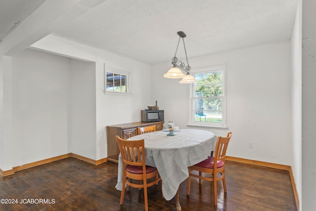 dining room featuring dark hardwood / wood-style flooring and a textured ceiling