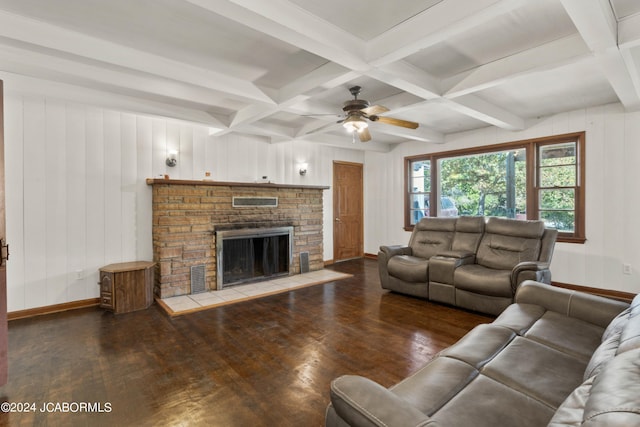 living room with coffered ceiling, ceiling fan, a fireplace, beam ceiling, and dark hardwood / wood-style flooring