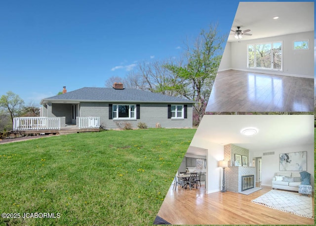 12271 County Road 4037, Holts Summit, MO 65043 - view of front of house with brick siding, a deck, a chimney, a front lawn, and a ceiling fan