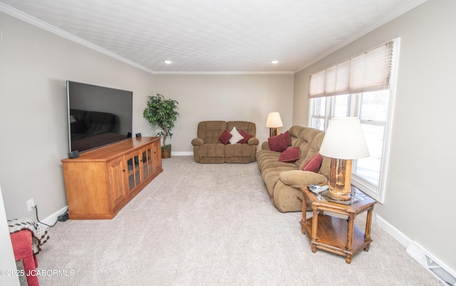 living room featuring light carpet and ornamental molding